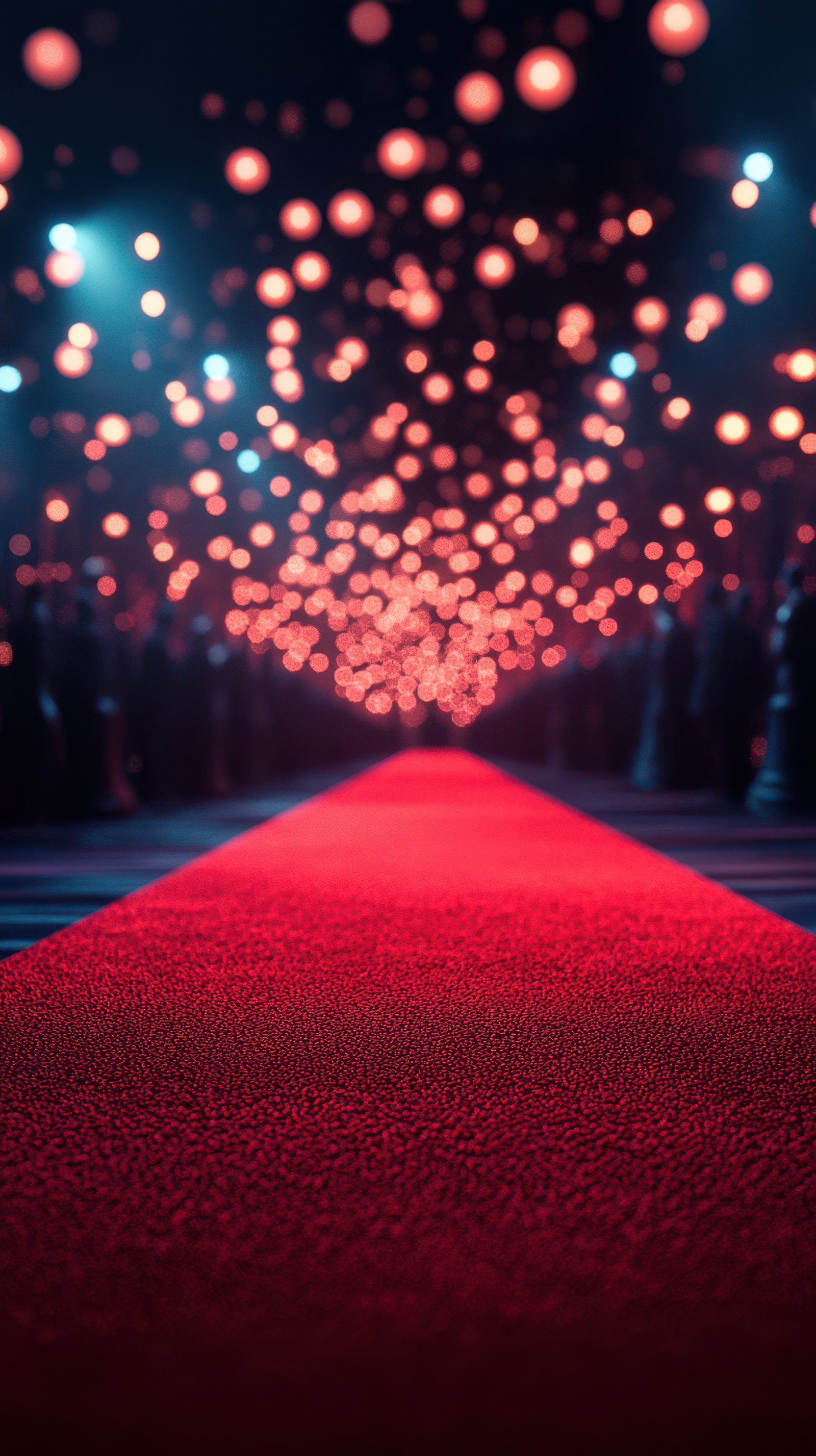 Red carpet leading to an illuminated pathway with decorative lights at a glamorous event